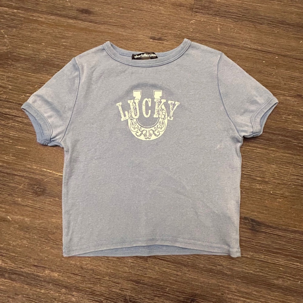 Charlotte Russe Light Blue Lucky Horseshoe Graphic Crop Top Women's S Tshirt